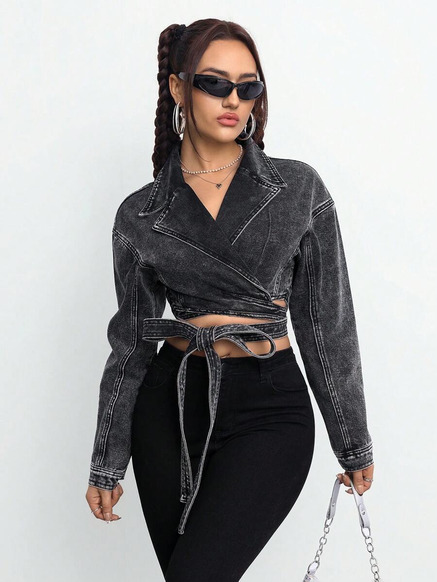 SHEIN EZwear 女士长袖系带简约牛仔夹克，休闲日常穿着 - 黑色 - 查看 1