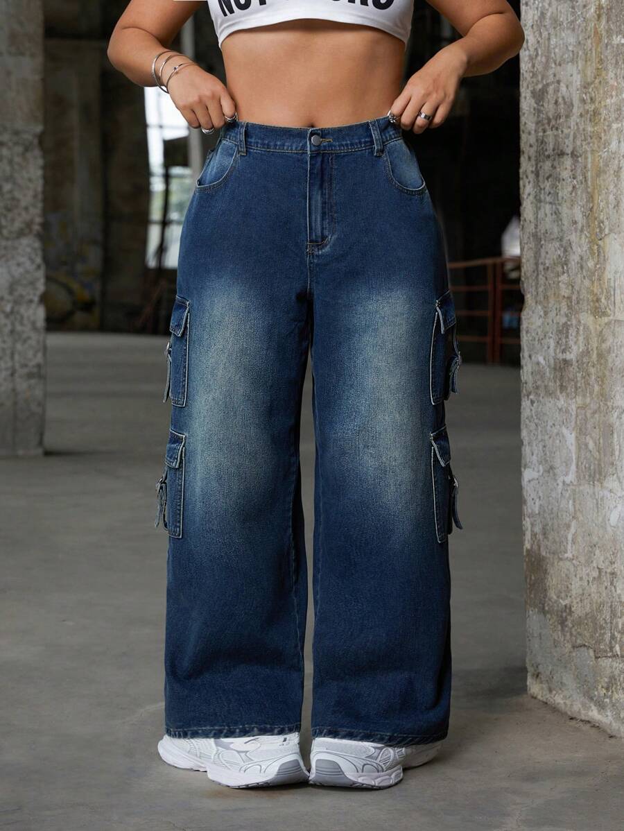 SHEIN ICON Plus Size Women's Multiple Pockets Wide Leg Casual Denim Jeans - Blue - View 1