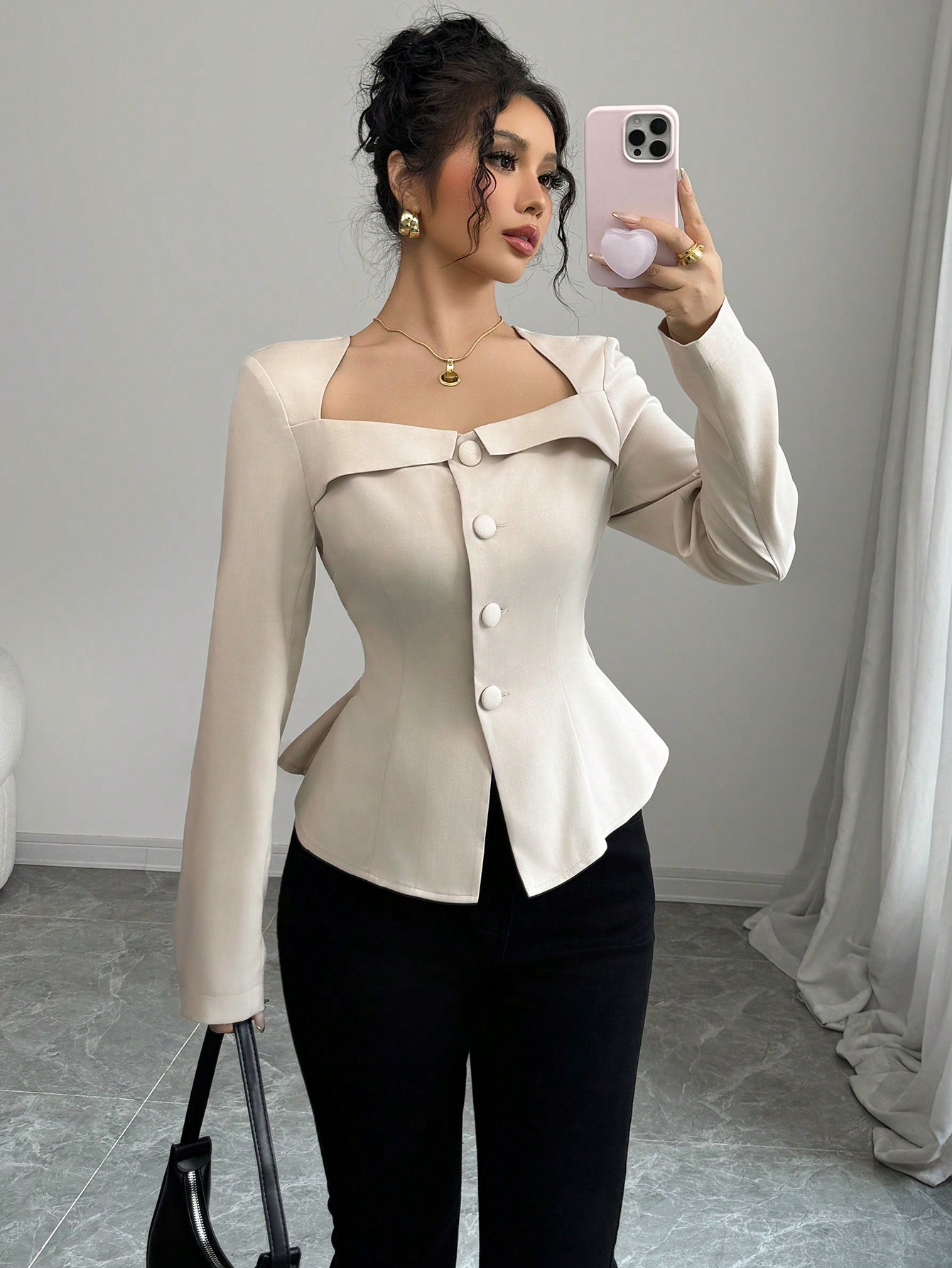 Selianne قميص أنيق للنساء بياقة ترابيزية وياقة مرب...
