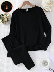 SHEIN Set de 2 piezas de ropa interior térmica de manga larga y pantalón largo a juego en color negro, para adolescentes - Negro - Ver 4