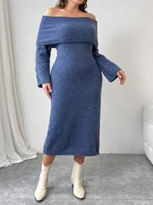 SHEIN Unity Große Größen Einfarbiges Lässig Langstrick-Kleid mit Schulterausschnitt und Langarm, für den Winter - Blau - Übersicht 3