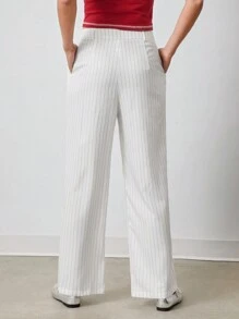 SHEIN EZwear 寬鬆款直筒灰白條紋休閒長褲 - 藍色 - 查看 2