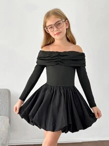 SHEIN Tween Girls Knitted Woven Patchwork Solid Color Off Shoulder Long ...