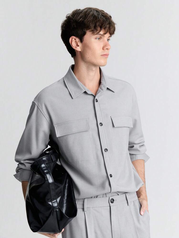 Men's Spring Gray Long Sleeve Pocket Casual Loose Shirt, And Versatile For Business, Commuting, New Year Party