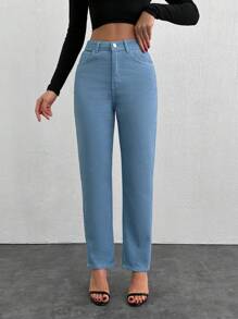 SHEIN Cottnline Women's Solid Color Split Hem Straight Leg Jeans - Baby Blue - View 3