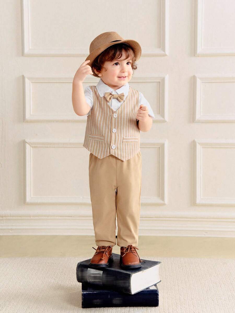 Souflis Souflis 3pcs/Set Infant Baby Boys Gentleman Outfit - Polo Collar Short Sleeve Cardigan, Waistcoat V-Neck Striped Sleeveless, And Long Trousers'