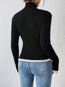 SHEIN Unity French Style Autumn/Winter New Semi-Turtleneck Asymmetrical Hem Fitted Knit Sweater Top, Women's Pullover Pullover Fall - Multicolor - View 2