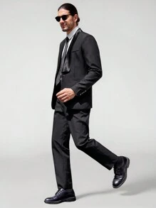 Manfinity VCAY Men Shawl Collar Single Button Blazer & Suit Pants - Black - View 1