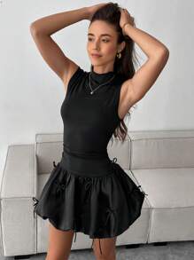 SHEIN Essnce Women's Black Summer Seksi Chic Stand Collar Lantern Dress,Party Night Holiday Bow Bubble Hem Flower Bud Ruffle Bachelorette Birthday Outfit Y2k Dress - Black - View 4