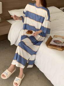 DAZY Casual Wide Striped Loose Short Sleeve Homewear Dress