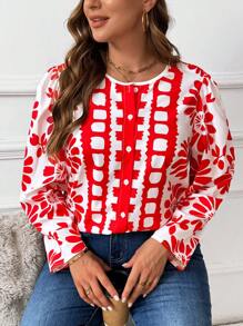 SHEIN LUNE Plus Size Casual Loose Positioning Printed Collar Shirt In European And American Style - Multicolor - View 4