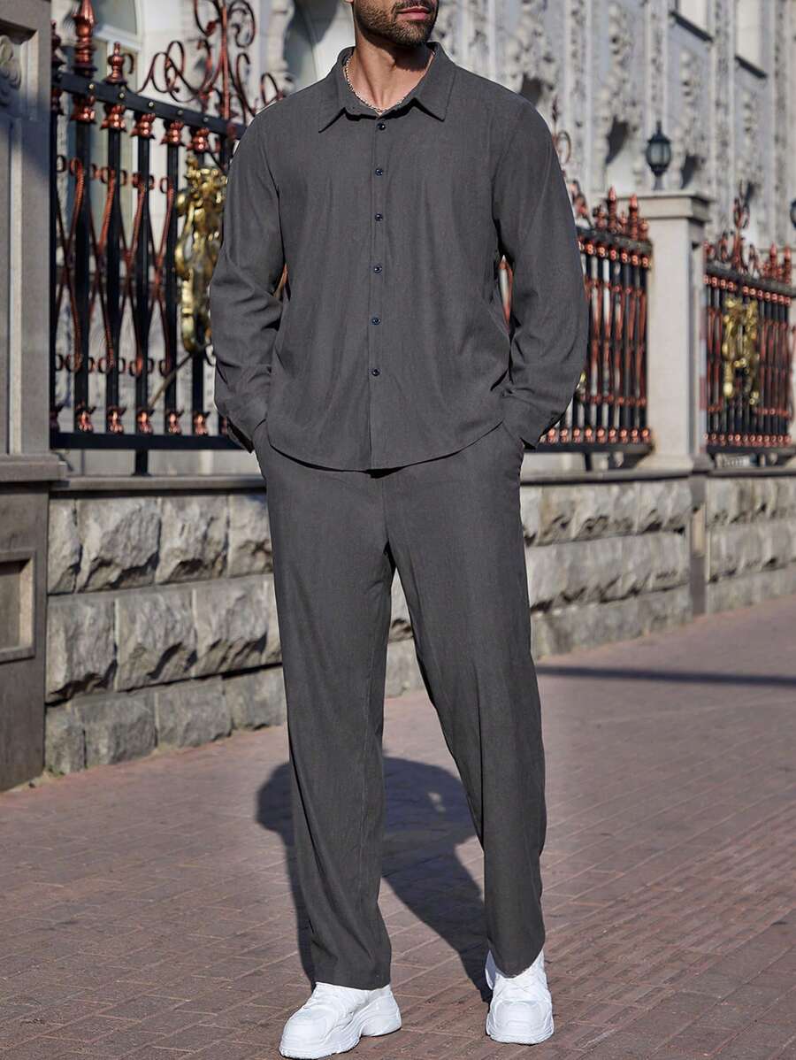 Manfinity Homme Plus Size Men's Solid Color Long Sleeve Shirt And Pocket Long Pants Casual Suit, Autumn