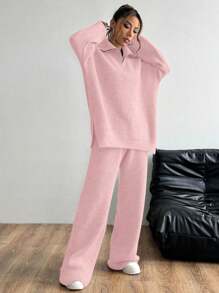 SHEIN Unity 2pcs Women Solid Color Front Zip Long Sleeve Top And Long Pants Set