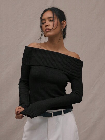 MUSERA Knitted Fold Over Jumper Spring Y2K 90's Casual Cute Off The Shoulder Tops Holiday Summer Fall Autumn Winter Everyday  Christmas Elegant Evening Party