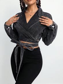 SHEIN EZwear 女士长袖系带简约牛仔夹克，休闲日常穿着 - 黑色 - 查看 6