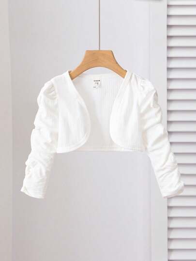 SHEIN Young Girl 1pc Ruched Sleeve Open Front Crop JacketComfortable And Versatile, Suitable For Autumn, Spring, And Summer & Fall , Ages 4-7, Perfect For Outings, School, Home, Vacation, And Travel.Great For Casual & Daily Wear,Sister And Me Matching, Mom And Daughter Matching.