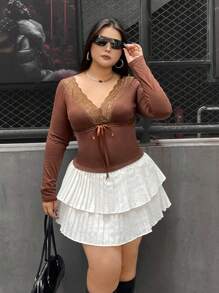 SHEIN EZwear Blusa casual de manga larga con aplicación de encaje y nudo delantero, uso diario, talla grande