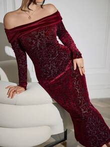 Modelyn 勃艮第红色 1 件优雅天鹅绒花卉印花长袖紧身连衣裙长款女士装长款晚礼服