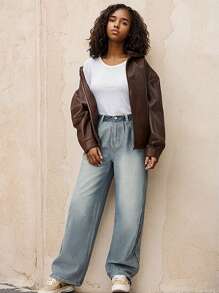 SHEIN Teen Girl Medium Washed Blue Fashion Personalized Casual Wide Leg Jeans