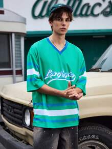 Manfinity Sport Corelite Men Solid Color Patchwork Short Sleeve Letter Print Casual Sports T-Shirt & Tank Top - Green - View 5