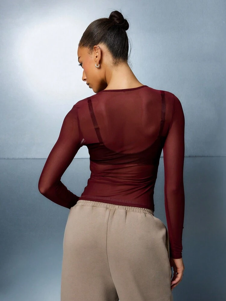 SUMWON Sheer Mesh Long Sleeve Crop Top With Layered Tank Inner Perfect Fall Autumn Fashion Statement Piece