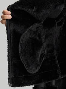 Ontre 青少年女孩宽松休闲 PU 皮革和毛绒领夹克 - 黑色 - 查看 10
