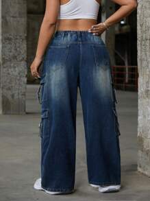 SHEIN ICON Jeans casuales de pierna ancha con múltiples bolsillos para mujeres de talla grande