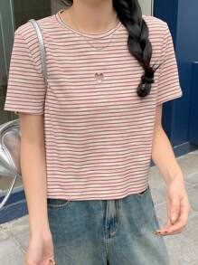 DAZY 女士条纹印花圆领短袖休闲 T 恤 - 彩色 - 查看 4
