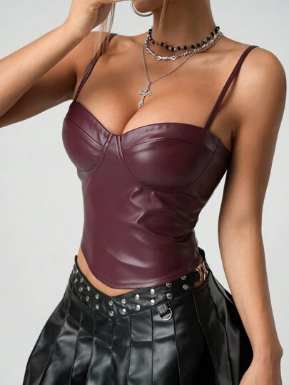 SHEIN ICON Damer i enfärgad spaghettirem Minimalistisk Casual PU-läderlinne