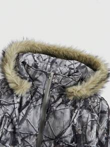 ROMWE Grunge Punk Vintage Y2K Bare Branch Print Zip Up Hooded Patchwork Fluffy Padded Coat, Suitable For Snow - Green - View 4
