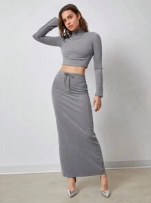SHEIN EZwear Spring And Autumn Grey Mock Neck Long Sleeves Crop Tee & Drawstring Waist Long Skirt Slim Fit Suit - Grey - View 3