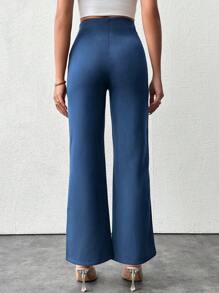 EURMUSE Women Casual Solid High Waist Straight Leg Pants - Biru - View 2