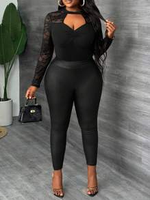 Slaydiva Plus Size Women Lace Patchwork Hollow Out Fitted Top