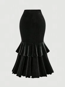 SHEIN MOD Falda de cola de sirena con volantes negra de estilo retro para tallas grandes