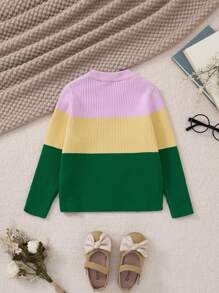 PrepCrw Young Girl Round Neck Long Sleeve Solid Color Patchwork Minimalist Casual Top - Multicolor - View 2