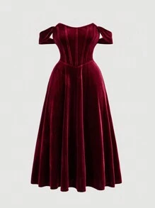 SHEIN CURVE+ 大码女式复古浪漫红色假骨设计露肩连衣裙