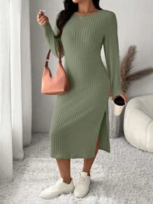 SHEIN Frenchy Plus Size Solid Color Round Neck Long Sleeve Split Simple Casual Dress - Army Green - View 6