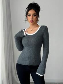 SHEIN Unity Women Slim-Fit Scoop Neck Bell Sleeve Contrast Color Frill Trim Elegant Casual Knitted Sweater Fall Winter - Dark Grey - View 3