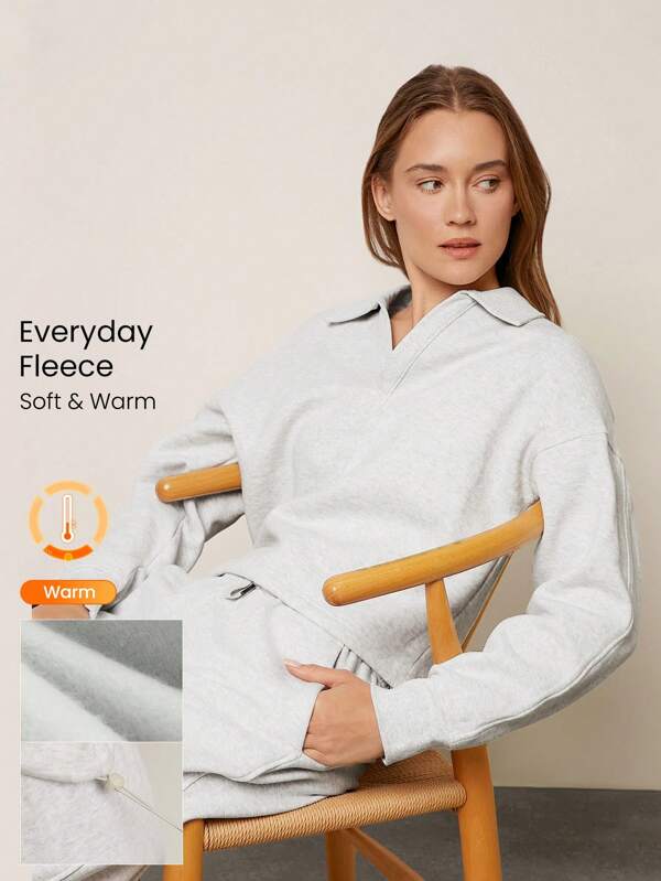 GLOWMODE Everyday Fleece Loose Waist Length Flip Collar Adjustable Drawstring Hem Lapel Shirt Daily Casual Fall Winter