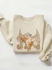 INAWLY Western Desert Skull, Leopard, Cactus Graphic Round Neck Fleece Sweatshirt For Women,Long Sleeve Tops