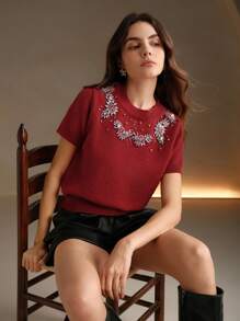 Women Hand-Embroidered Beaded & Rhinestone Decor Round Neck Short Sleeve Knitted Top For New Year Clothes - Red - View 5