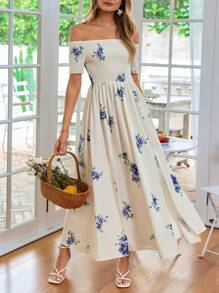 SHEIN VCAY 女士露肩高开叉 A 字形印花浪漫夏季度假连衣裙 - 彩色 - 查看 1