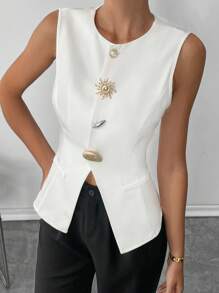 Siren Gaze 白色五金纽扣 A 字形开衩上衣 女士白色金属纽扣无袖上衣，秋季 - 白色 - 查看 5