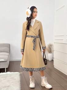 Tween Girl Classic Khaki Color-Block Leopard Cuff & Hem Relaxed Long Fashionable Trench Coat For Autumn/Winter - Khaki - View 5