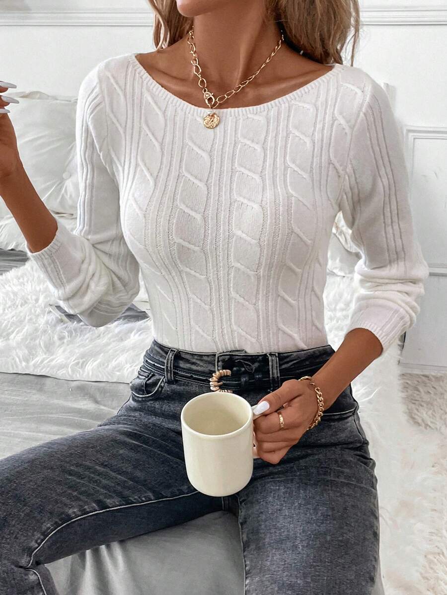 SHEIN Clasi Plus Size Casual Solid Color Cable Knit Fitted Sweater, Autumn/Winter - White - View 1