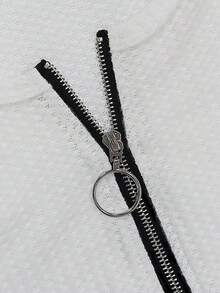 INAWLY Women's Casual Solid Color Front Zipper T-Shirt, Versatile For Autumn - White - View 5