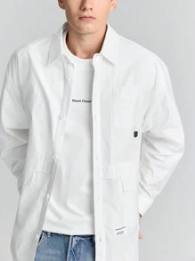 Ontre Men's White Oversized Multi-Pocket Plain Button-Front Long Sleeve Casual Shirt, Simple Lapel Collar Sport Shirt, Versatile For Daily, New Year Party, Holiday And Commuting