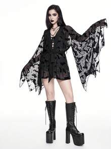 ROMWE Goth 性感透视休闲哥特式开衫，带蜘蛛网网眼植绒蝴蝶结装饰女式上衣 - 黑色 - 查看 3