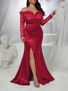 Glamrae Plus Size Black Poppy Inspired Open Shoulder Sexy Lace Patchwork Stretch Satin High Slit Trailing Formal Dress - Burgundy - View 4