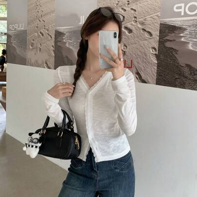 여성 캐주얼 브이넥 루즈 솔리드 컬러 긴팔 티셔츠 가을, 겨울